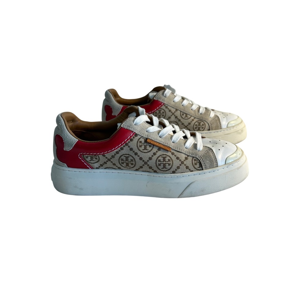 Tory Burch T‎ Monogram Ladybug Court Sneaker Size 8M Beige Red Leather Retro